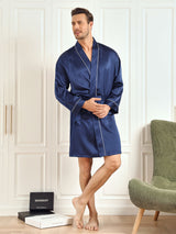 [Bleu Foncé] SilkSilky-FR Pure Soie Trois-quart Mens Robe 005