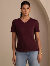 [Rouge Vineux] SilkSilky-FR Short Sleeve V Neck Femme T-Shirt 003