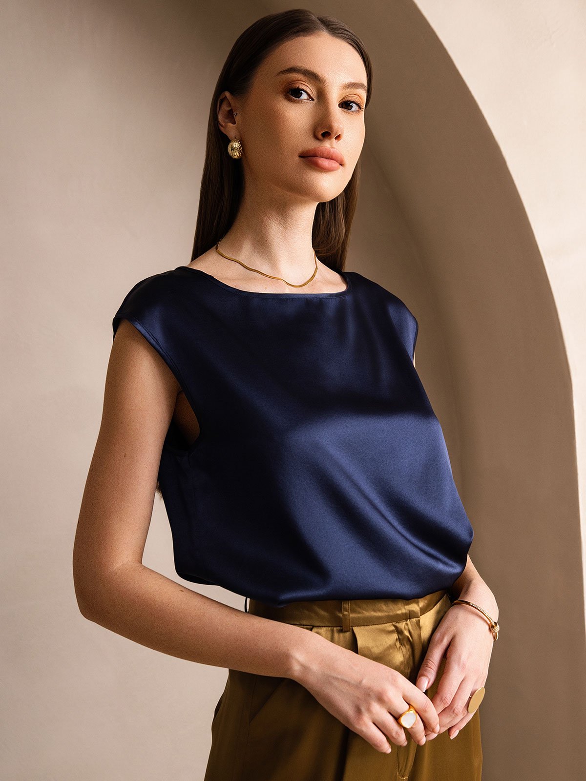 [Bleu Foncé] SilkSilky-FR 19Momme Soie Col Rond Femme T-Shirt 003