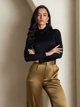 [Noir] SilkSilky-FR Manches longues Col Roulé Femme T-Shirt 004