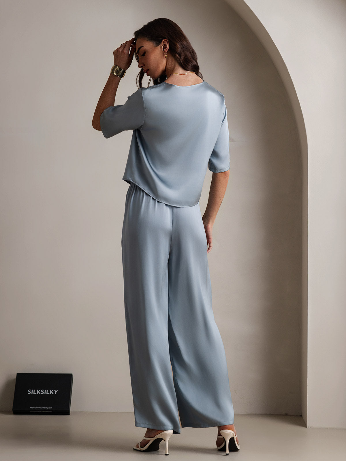 [Bleu Grisâtre] SilkSilky-FR Pure Soie Col Rond Femme Pyjamas 002