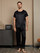 [Noir] SilkSilky-FR Pure Soie Manches courtes Col Rond Homme Pyjamas 003