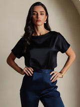 [Noir] SilkSilky-FR Short Sleeve Boat Neck Femme T-Shirt 003