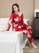 [Rouge Foncé] SilkSilky-FR Long Sleeve Lapel Collar Femme Pyjamas 007