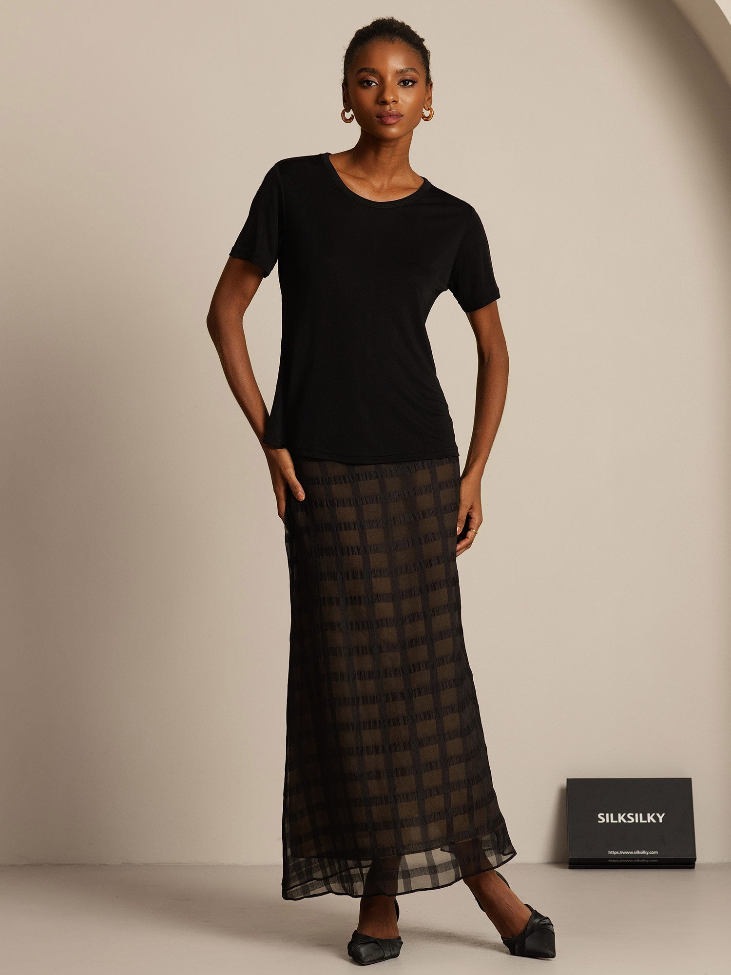 [Noir] SilkSilky-FR Soie Tricotée Col Rond Femme T-Shirt 007,