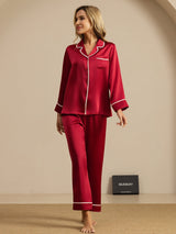 [Rouge Vineux] SilkSilky-FR Manches longues Col Cranté Femme Pyjamas 003