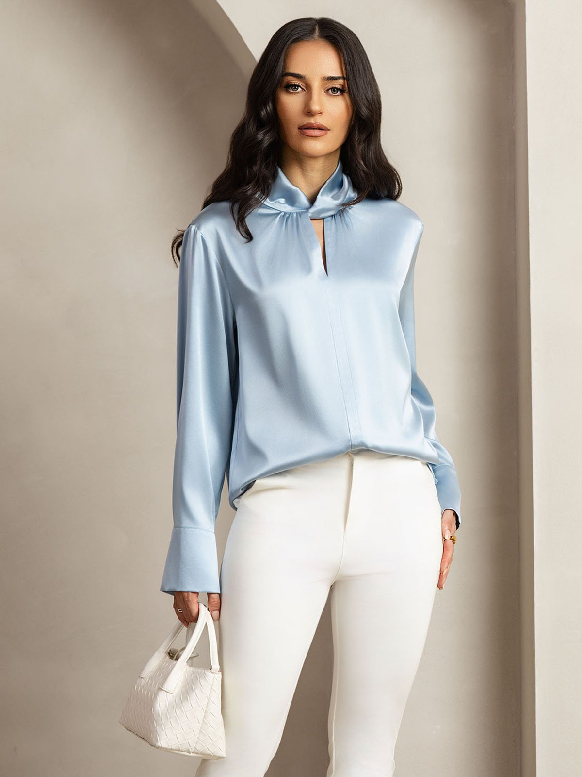 [BleuGrisâtre] SilkSilky-FR 19Momme Soie Womens Shirt 001