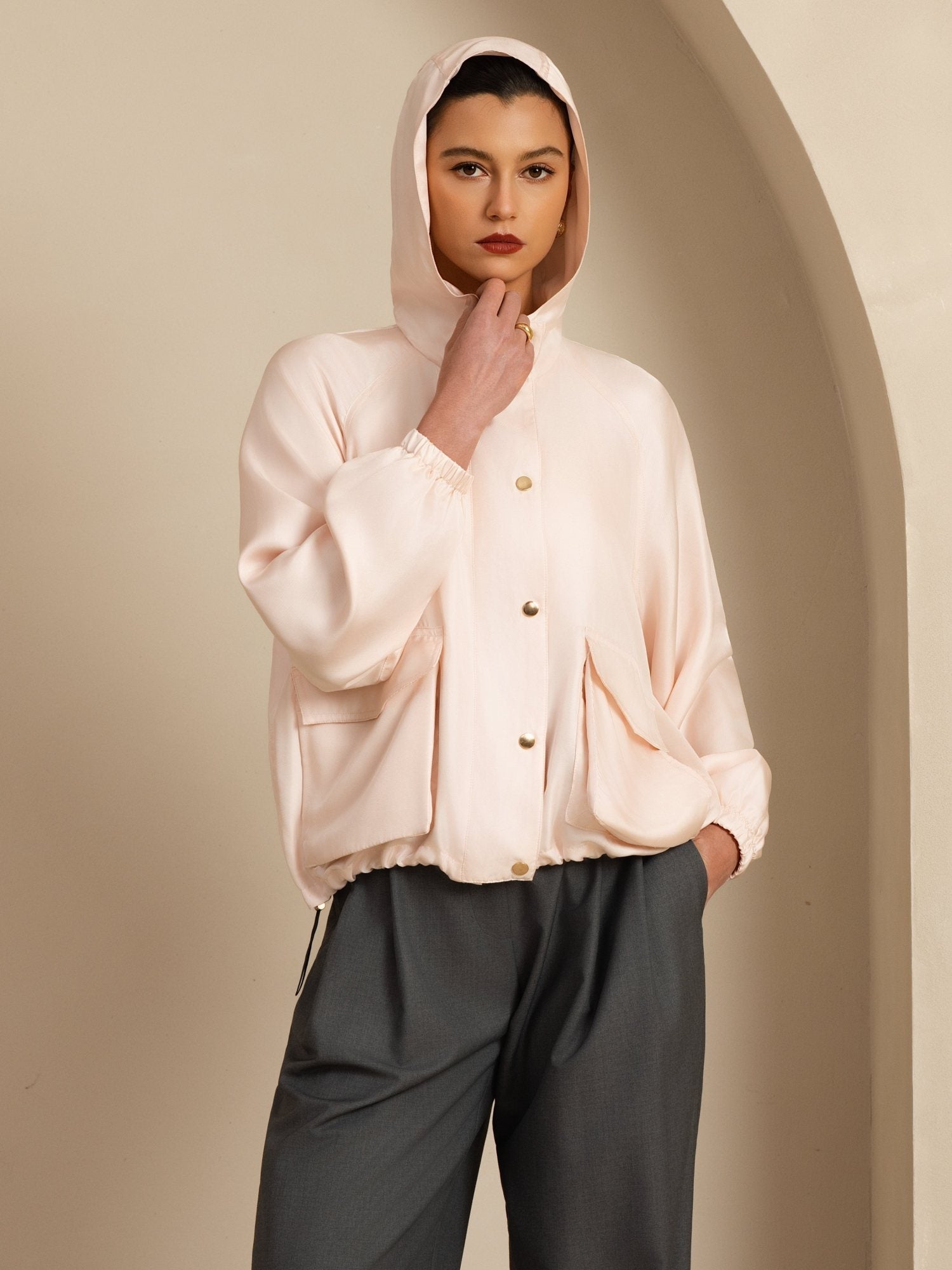 [Rose] SilkSilky-FR Manches longues Col Haut Femme Manteaux 005