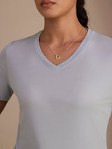 [Bleu Grisâtre] SilkSilky-FR Short Sleeve V Neck Femme T-Shirt 004