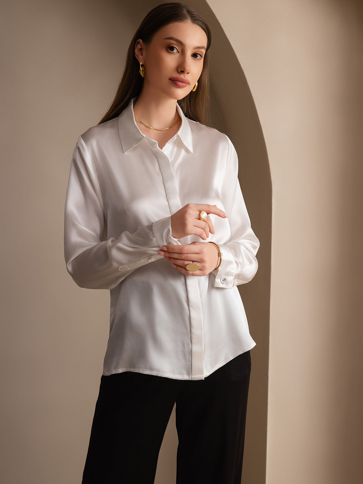 [Blanc] SilkSilky-FR 19Momme Soie Lapel Collar Femme Chemise 005