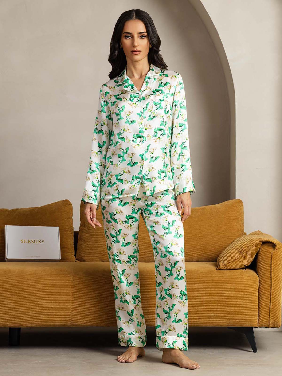 [Floral Vert] SilkSilky-FR Pure Soie Womens Pajamas 006