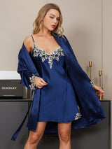 [Bleu Foncé] SilkSilky-FR 3/4 Sleeve V Neck Peignoir&Robe de Chambre 004