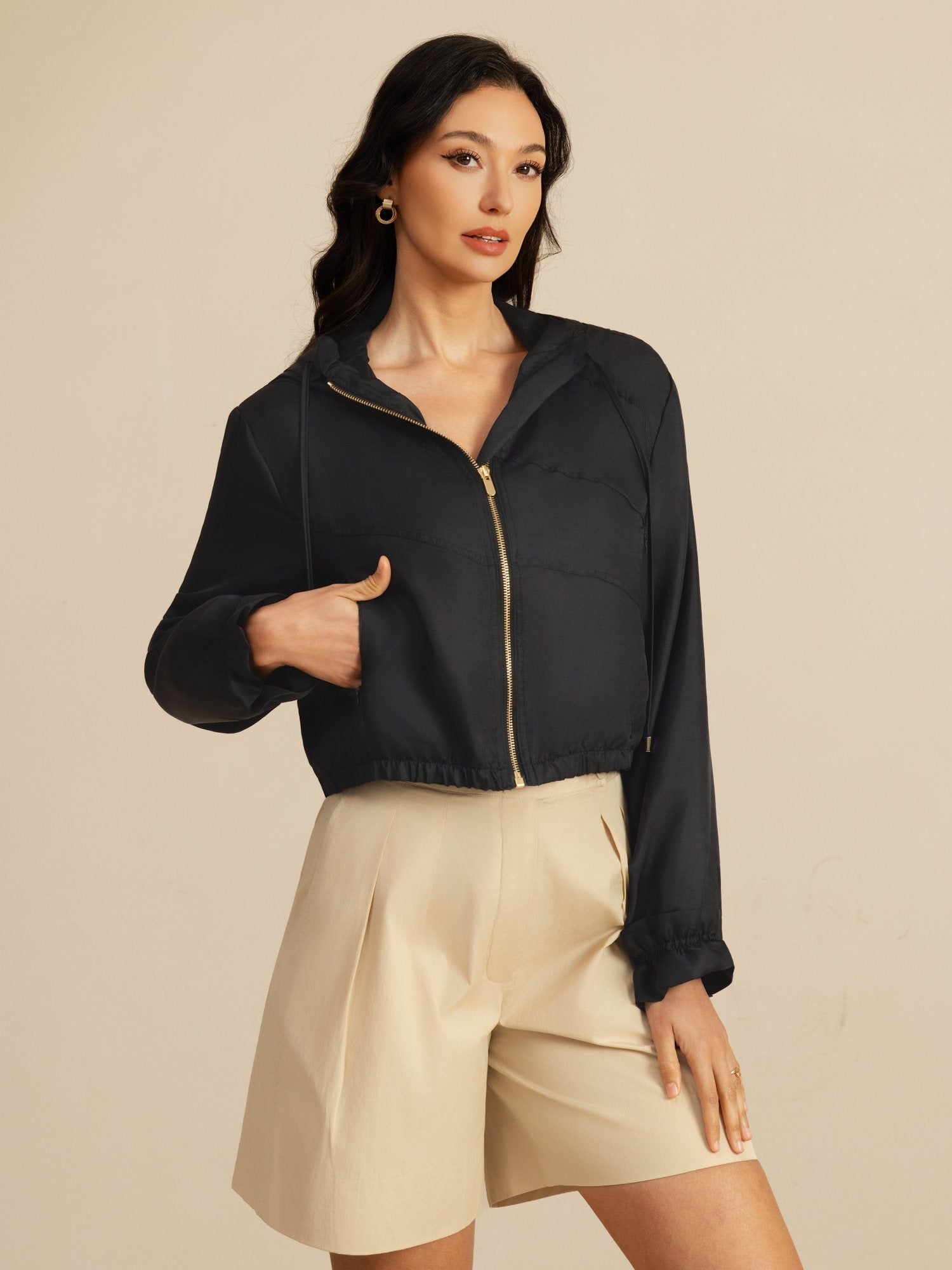 [Noir] SilkSilky-FR 18Momme Manches longues Col Haut Femme Manteaux 004