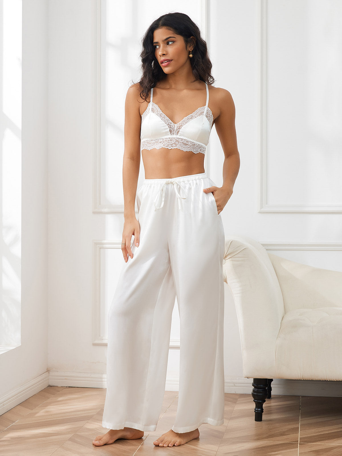 [Blanc] SilkSilky-FR Pure Soie Womens Pants 006