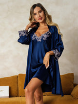[Bleu Foncé] SilkSilky-FR 3/4 Sleeve V Neck Peignoir&Robe de Chambre 001