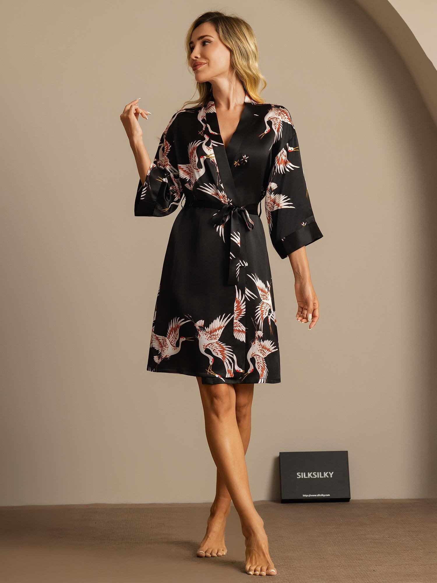 [Noir] SilkSilky-FR 19Momme Soie Womens Robe 005