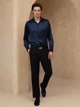 [Bleu Foncé] SilkSilky-FR 19Momme Manches longues Col à Revers Homme Chemise 007