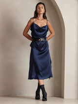 [Bleu Foncé] SilkSilky-FR Spaghetti Strap Cowl Neck Top À Fines Brides 006