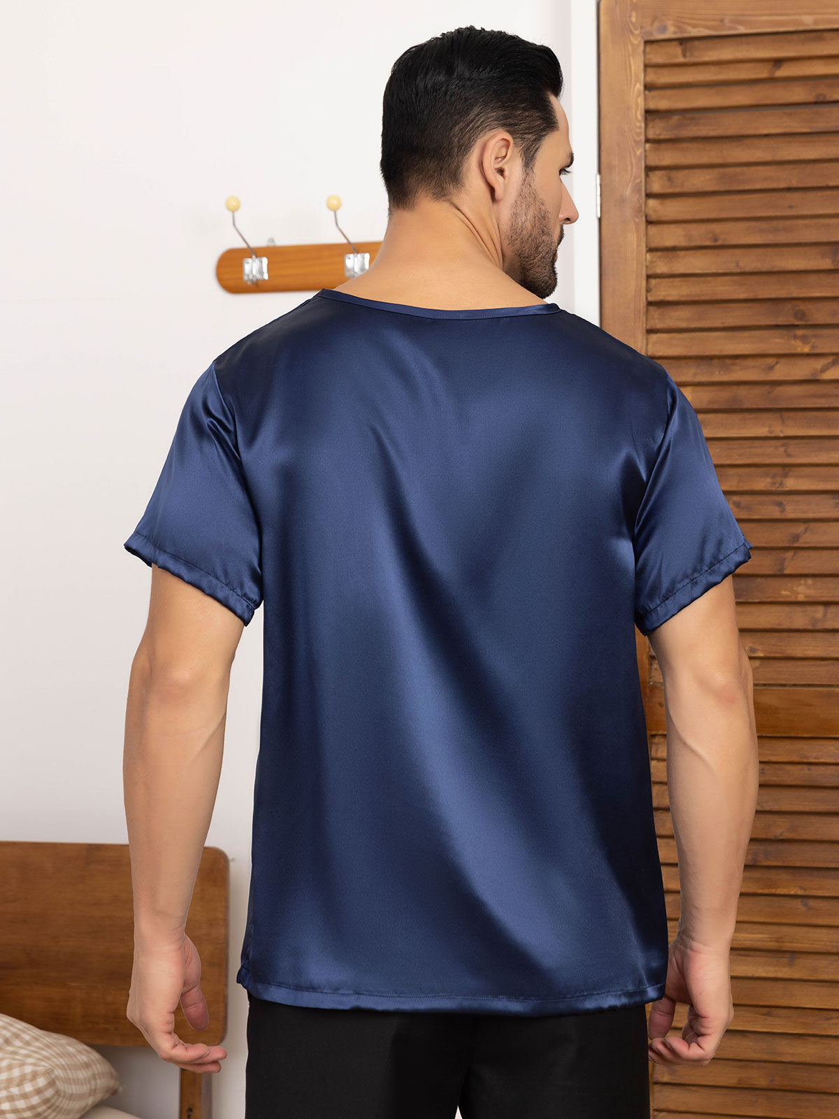 SilkSilky FR Pure Soie Manches courtes Col Rond Homme T Shirt BleuFoncé 002