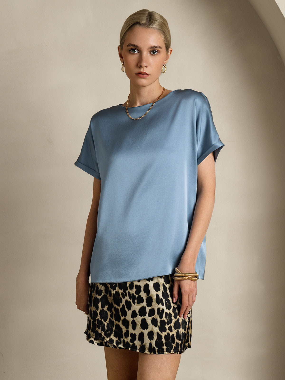 [Bleu Grisâtre] SilkSilky-FR 19Momme Soie Col Rond Femme T-Shirt 003