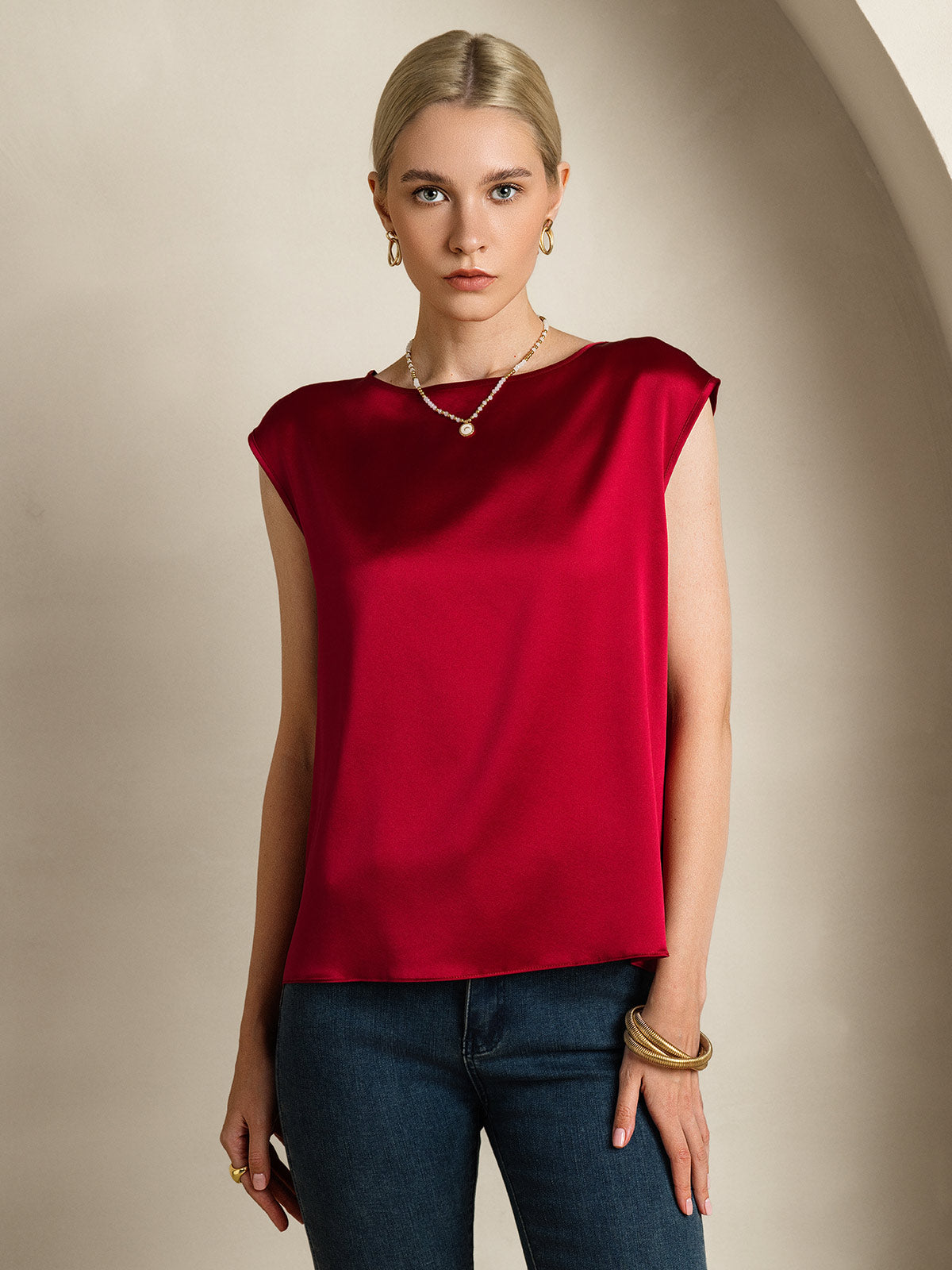 [Rouge Vineux] SilkSilky-FR 19Momme Soie Col Rond Femme T-Shirt 004