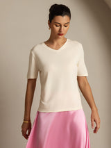 [Beige] SilkSilky-FR Manches courtes Col V Femme T-Shirt 005