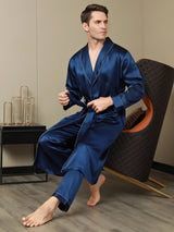 [Bleu Foncé] SilkSilky-FR Pure Soie Manches longues Revers Homme Peignoir 007