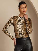 [Tigre] SilkSilky-FR Manches longues Col Mock Femme T-Shirt 001