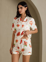 [Fraise Blanche] SilkSilky-FR Short Sleeve Notch Collar Femme Pyjamas 003