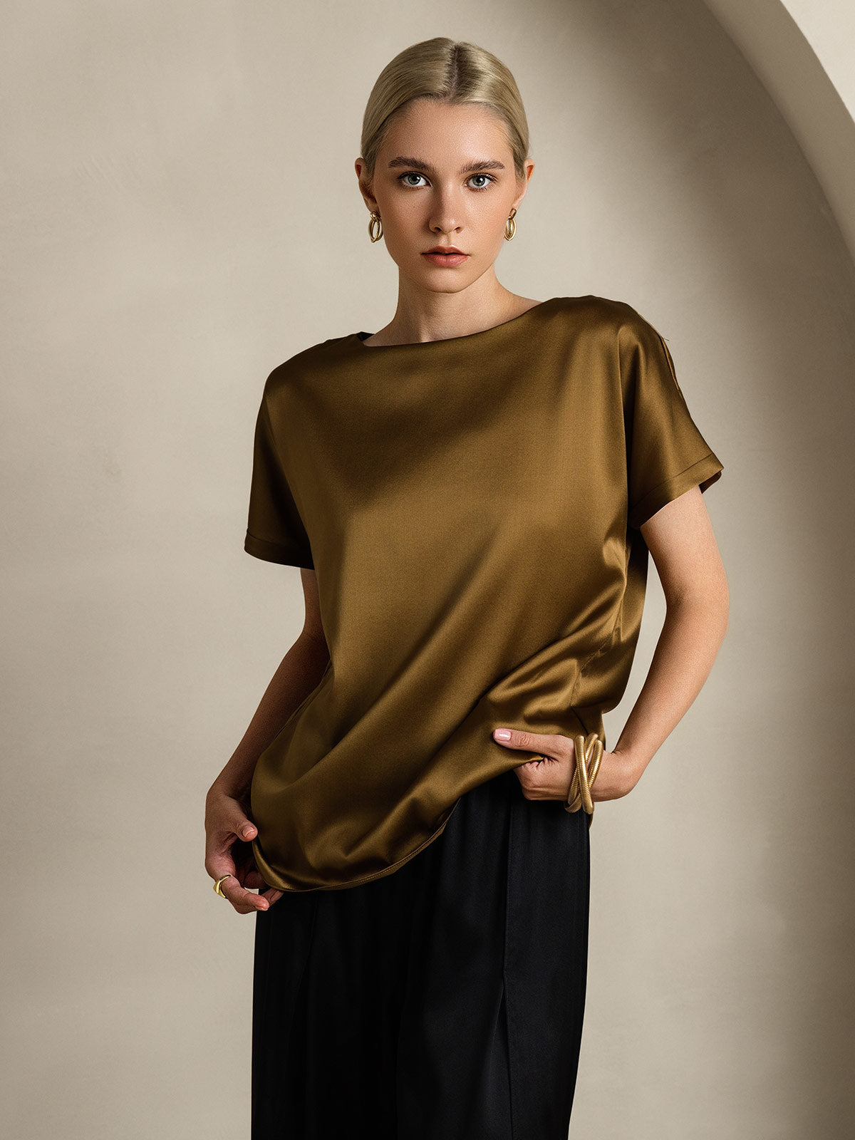 [Brun] SilkSilky-FR 19Momme Soie Col Rond Femme T-Shirt 003