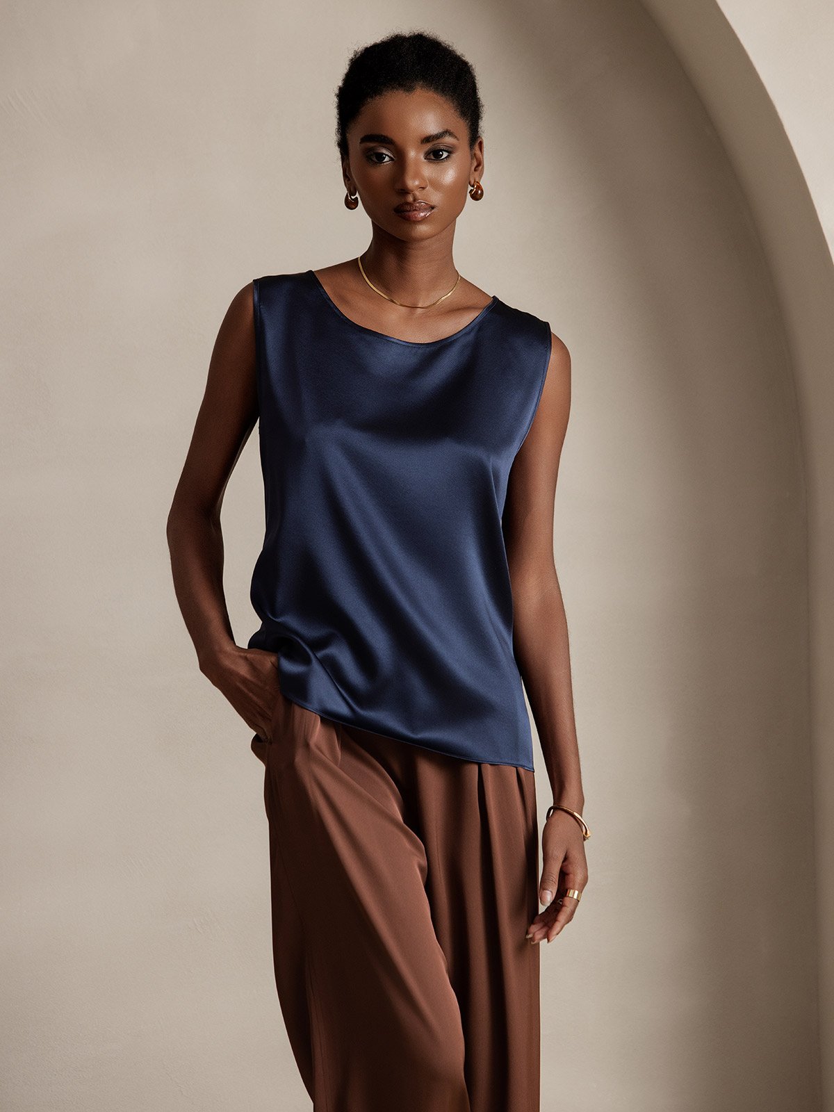 [Bleu Foncé] SilkSilky-FR 19Momme Soie Col Rond Top À Fines Brides 001