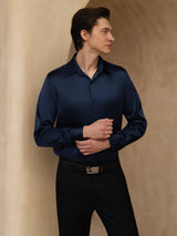 [Bleu Foncé] SilkSilky-FR 19Momme Manches longues Col à Revers Homme Chemise 004