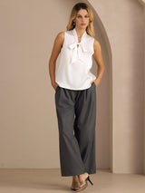 [Blanc] SilkSilky-FR Sleeveless Tie Neck Top À Fines Brides 006