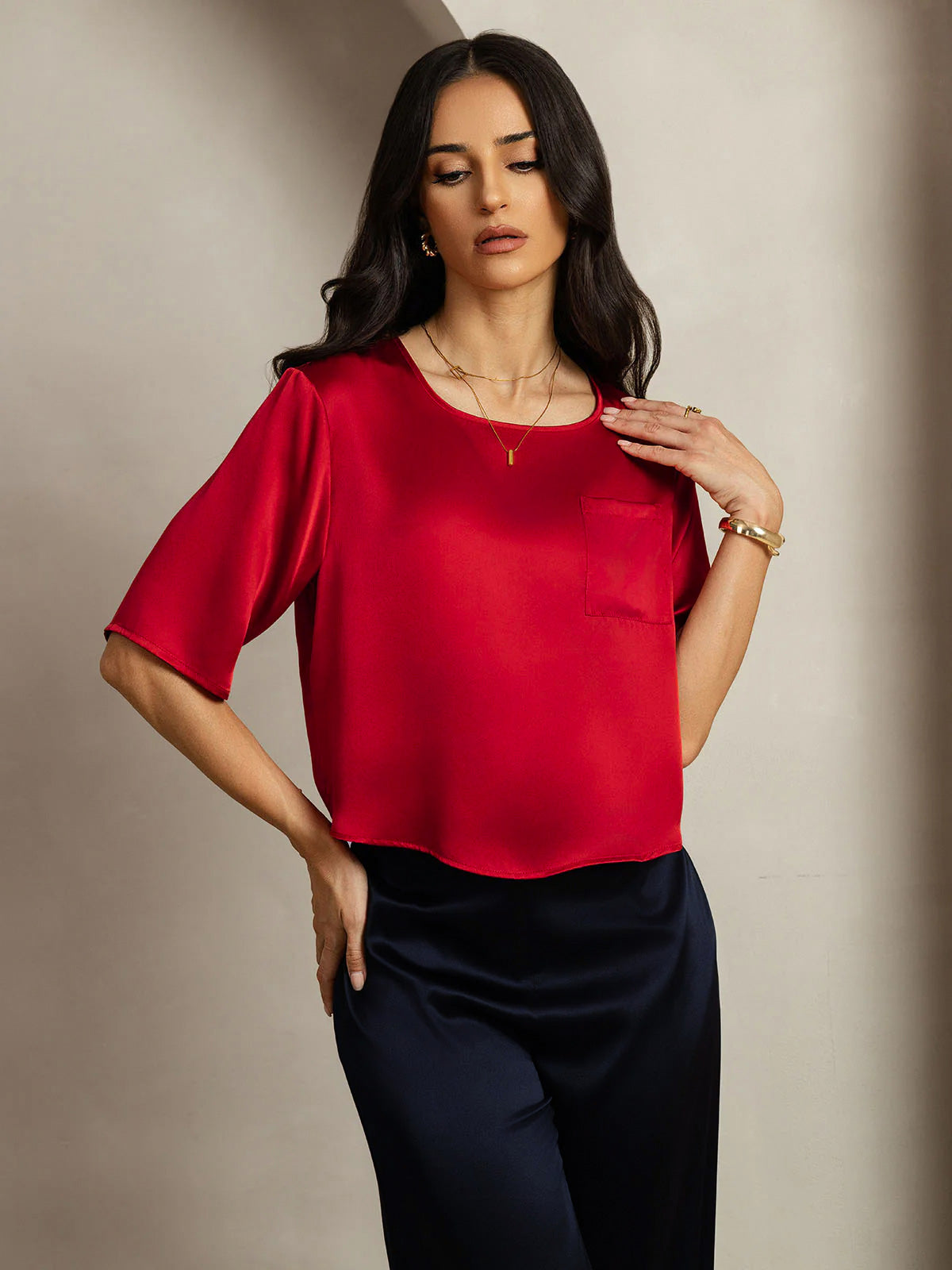 [Rouge Foncé] SilkSilky-FR Pure Soie Col Bateau Femme T-Shirt 005