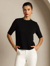 [Noir] SilkSilky-FR Half Sleeve Crew Neck Femme T-Shirt 001