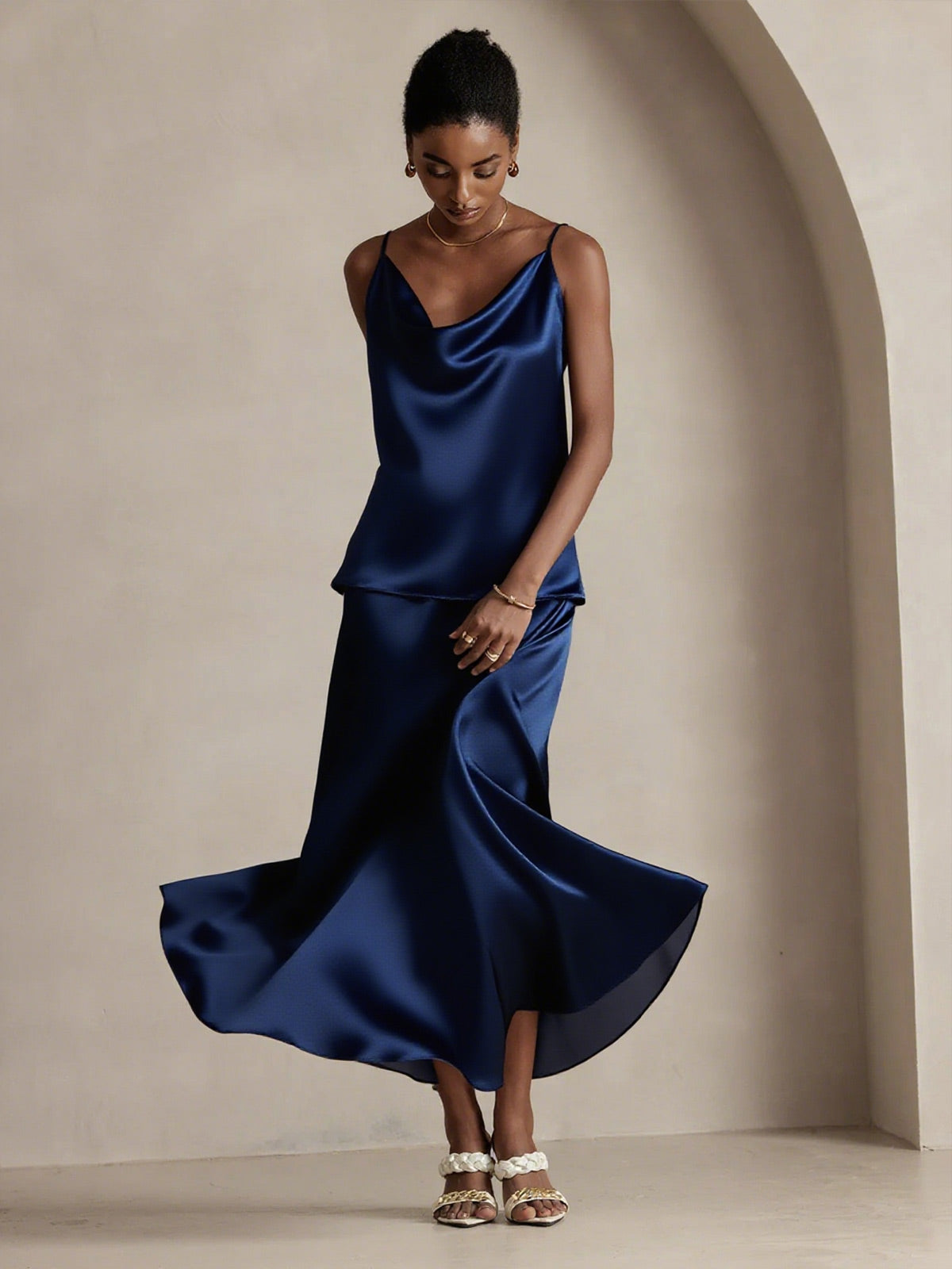 [Bleu Foncé] SilkSilky-FR 19Momme Soie Skirt 004