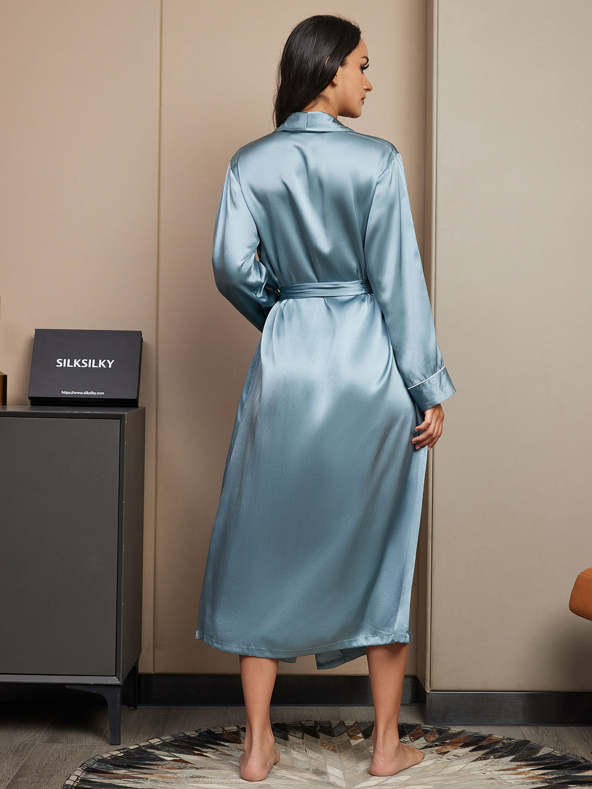 [Bleu Grisâtre] SilkSilky-FR 19Momme Pure Soie Womens Robe 002