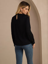[Noir] SilkSilky-FR Long Sleeve Keyhole Neck Blouse 002