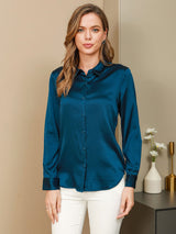 [Bleu Royal] SilkSilky-FR Long Sleeve Lapel Collar Femme Chemise 001