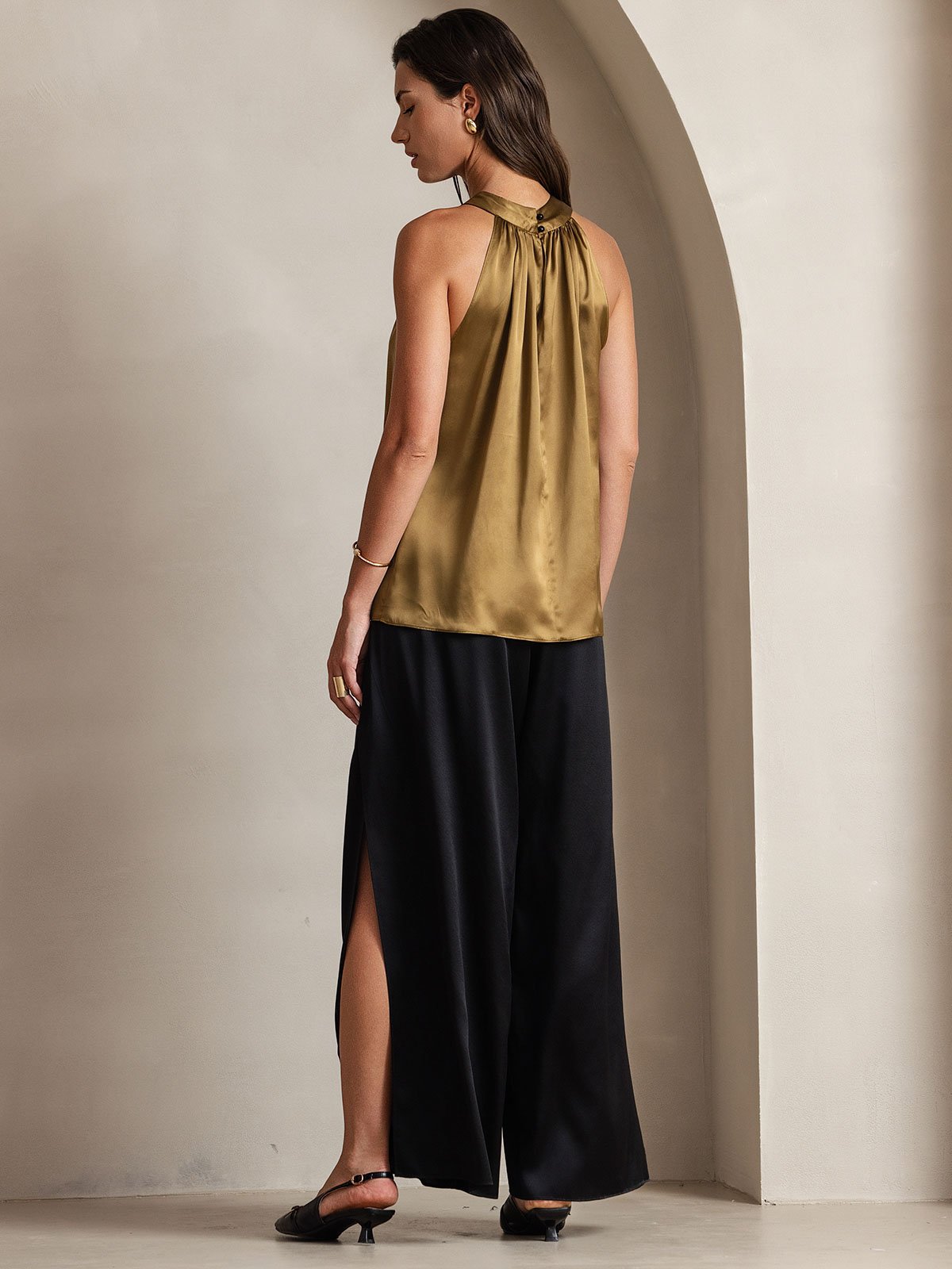 [Brun] SilkSilky-FR 19Momme Soie Sans manches Womens T-Shirt 002