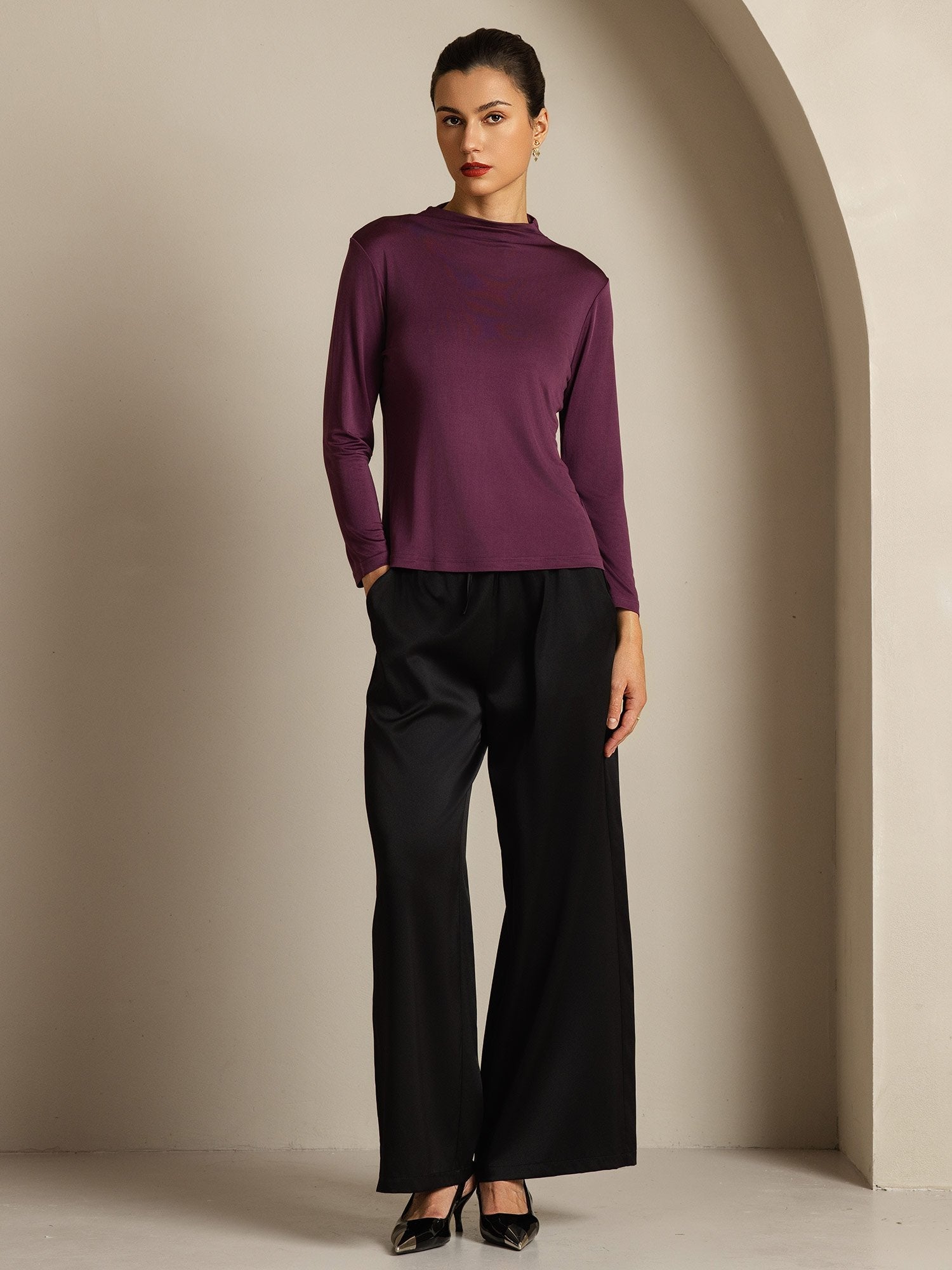 [Violette] SilkSilky-FR Soie Col Haut Femme T-Shirt 008