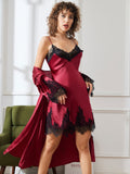 SilkSilky FR Pure Soie Trois quart Nightgown&Robe Set RougeFoncé 006