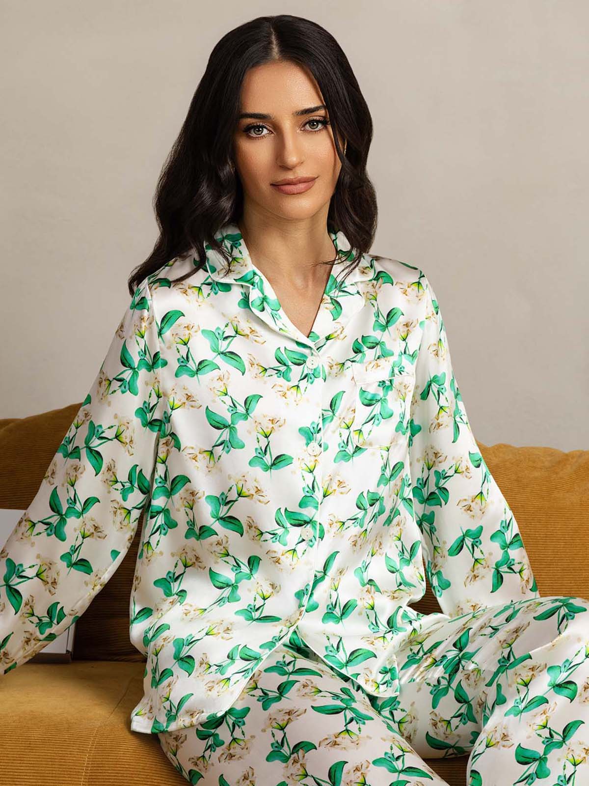 [Floral Vert] SilkSilky-FR Pure Soie Womens Pajamas 005