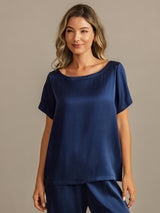 [Bleu Foncé] SilkSilky-FR 19Momme Manches courtes Femme Pyjamas 007