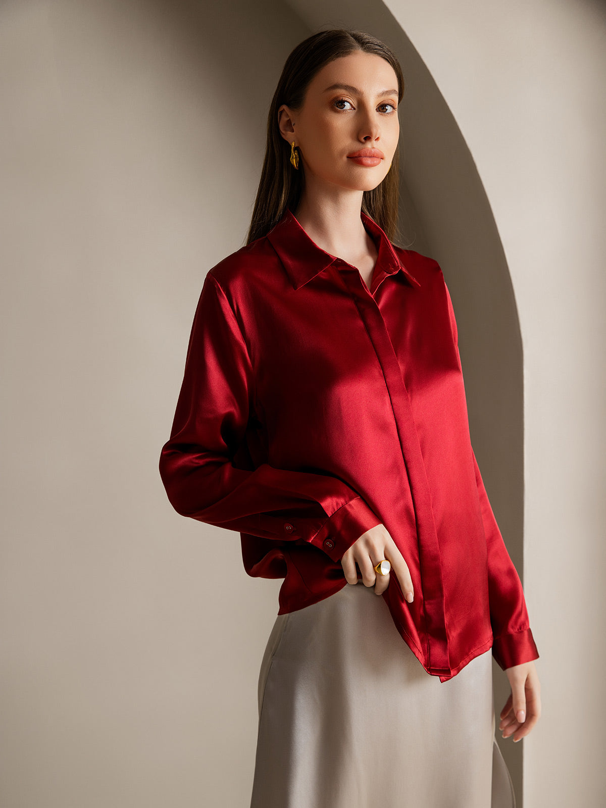 [Rouge Vineux] SilkSilky-FR 19Momme Soie Lapel Collar Femme Chemise 003