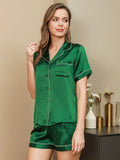 SilkSilky FR Pure Soie Manches courtes Revers Femme Pyjamas Vert 004