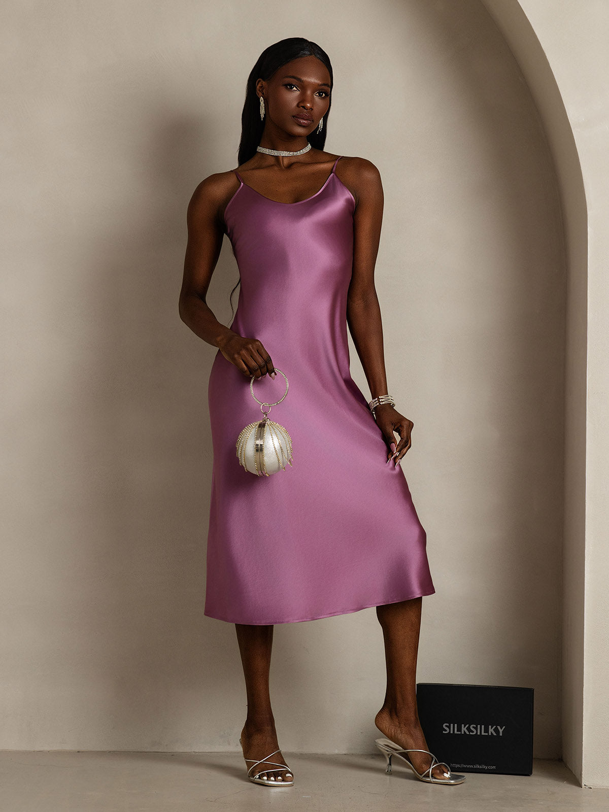 [Violet Foncé] SilkSilky-FR Pure Soie Col Rond Robes 005