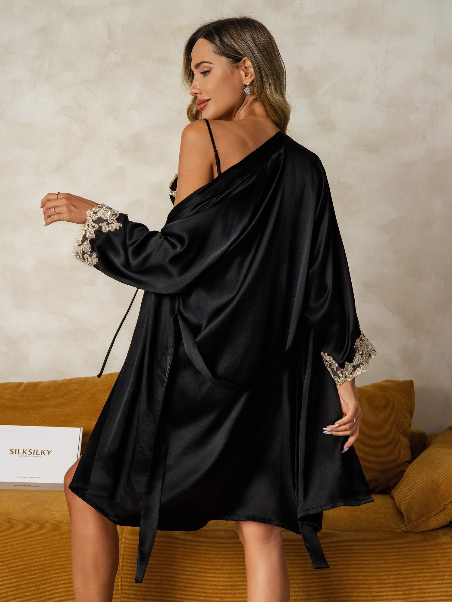 [Noir] SilkSilky-FR Soie Nightgown&Robe Set 002