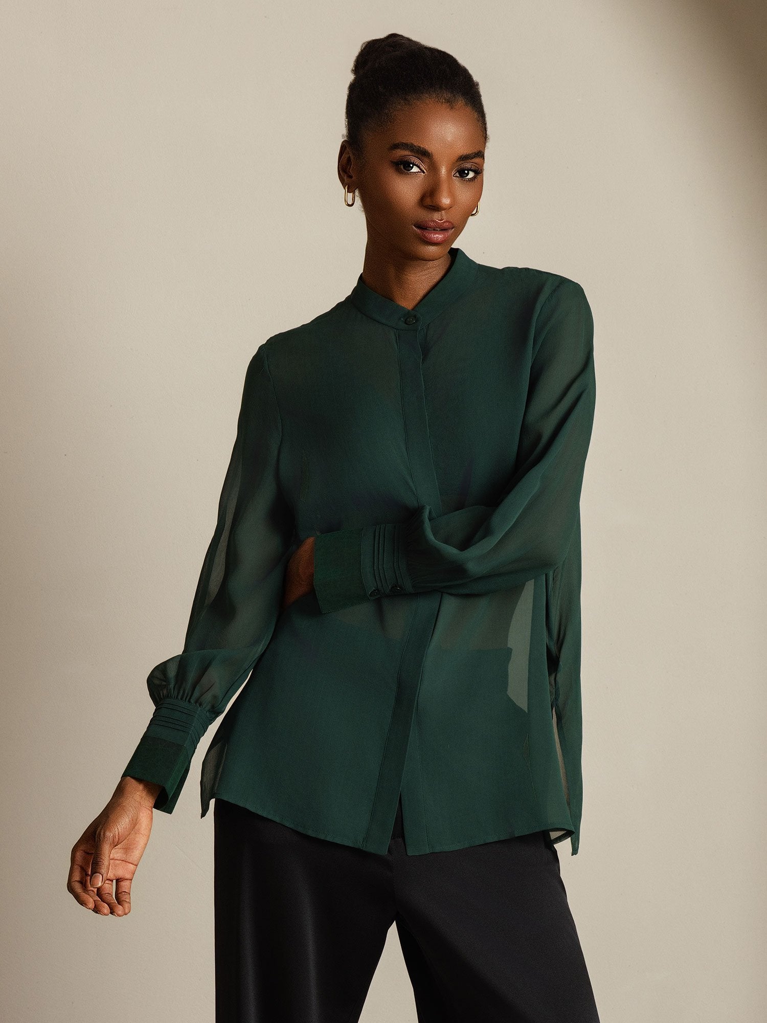 [Vert Foncé] SilkSilky-FR Soie Womens Shirt 001