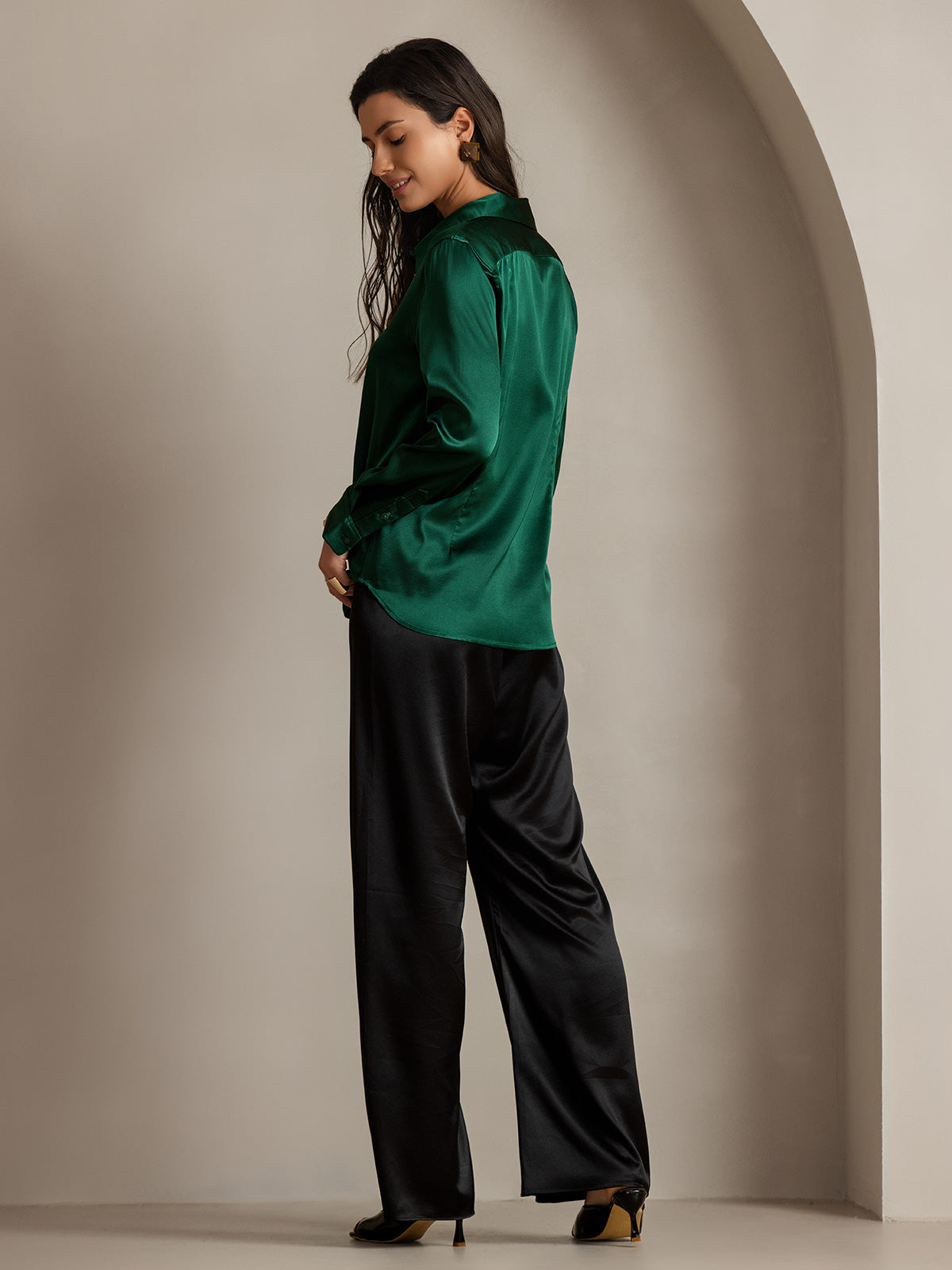 [Vert Foncé] SilkSilky-FR Soie Manches longues Col Chemise Femme Chemise 002